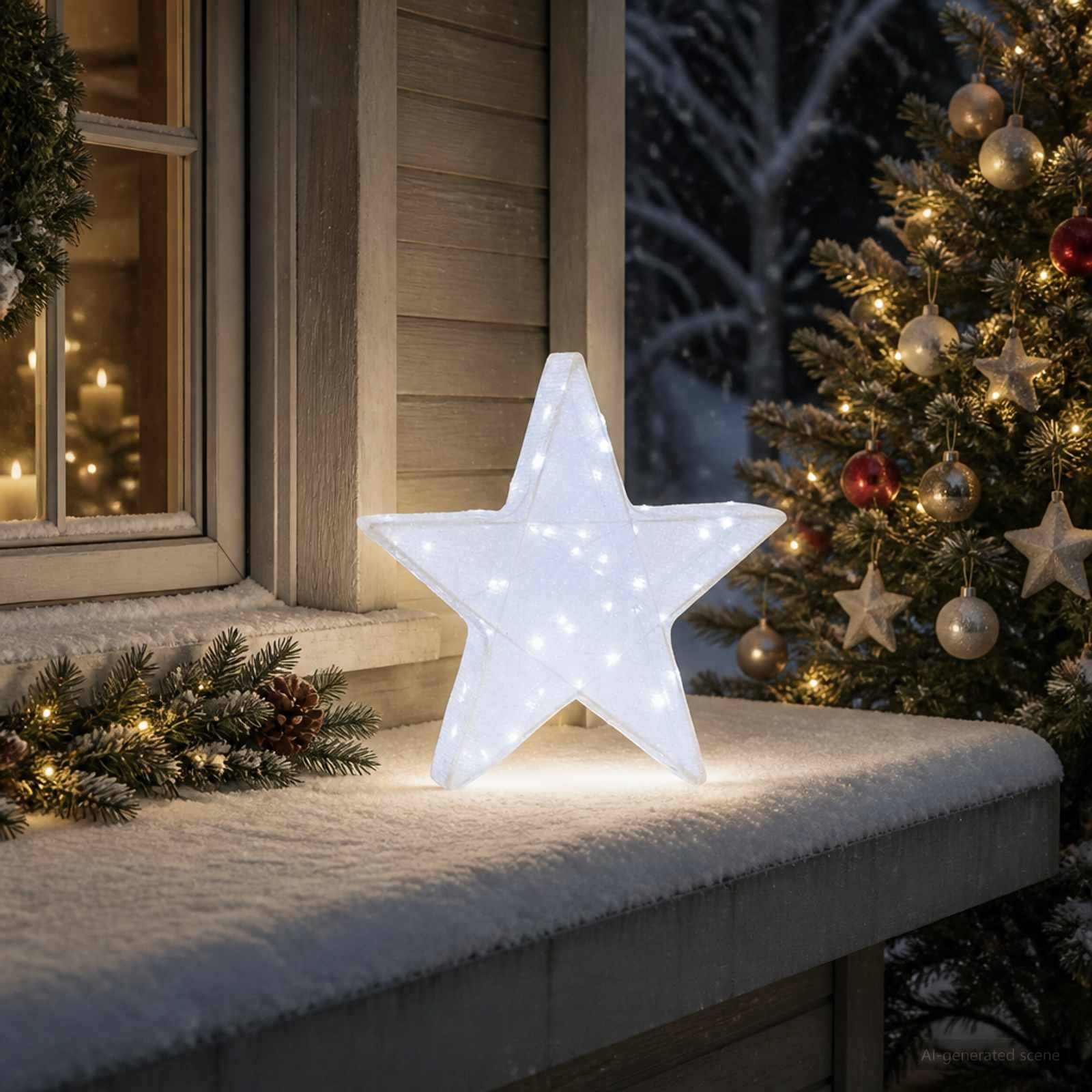 Ein glühendes, weißes Sternenlicht sitzt auf einer verschneiten Fensterbank neben einem geschmückten Weihnachtsbaum und einem beleuchteten Fenster.