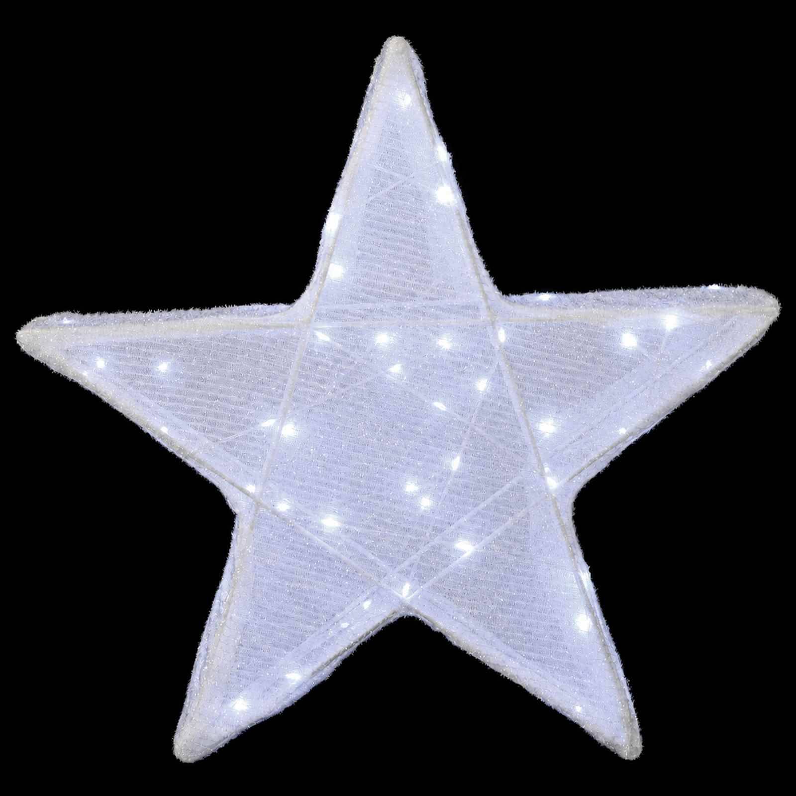 Weiße leuchtende fünfzackige Sterndekoration auf schwarzem Hintergrund, mit kleinen LED-Leuchten, die über seine Oberfläche glühen.