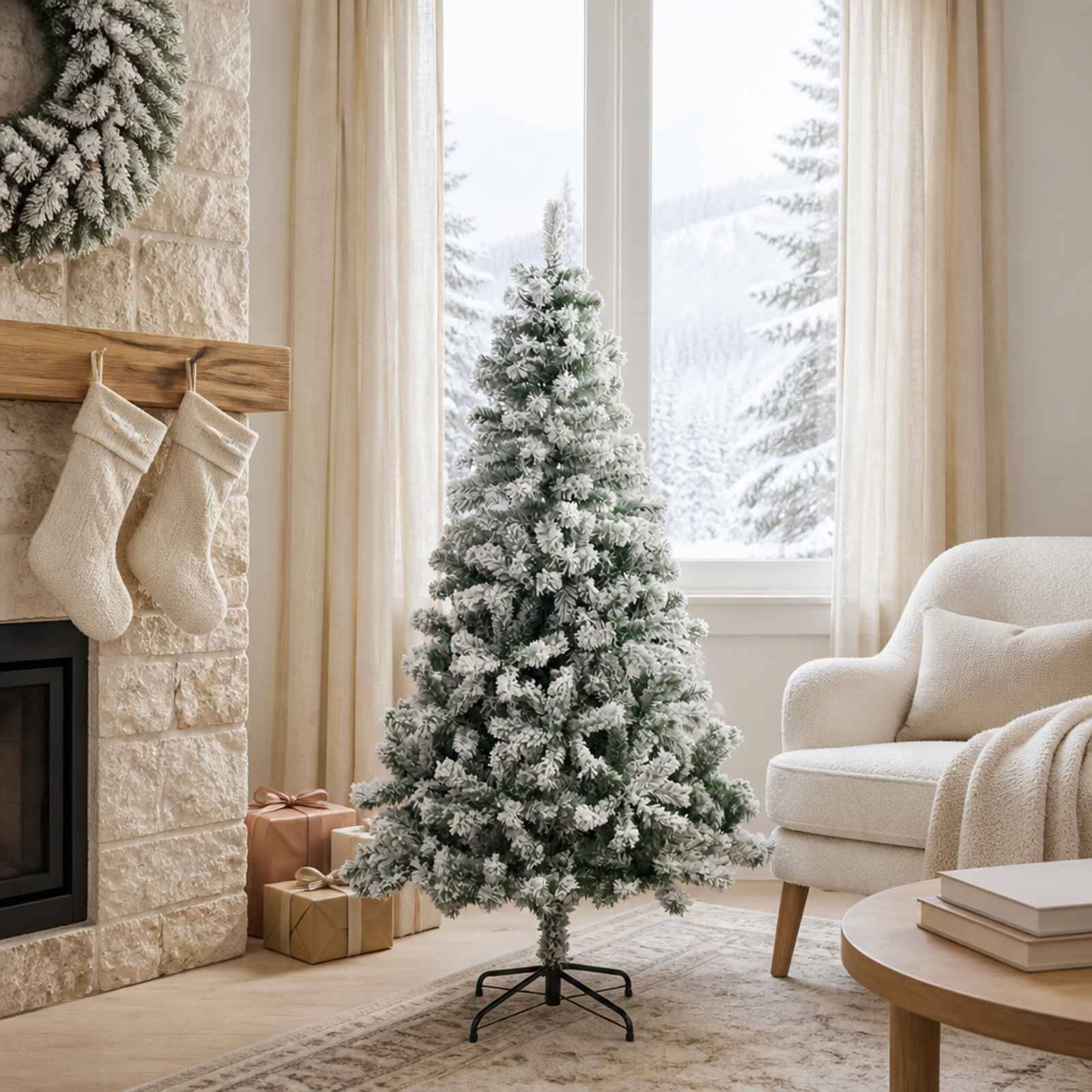 Mit Schnee bestäubter künstlicher Weihnachtsbaum in einem gemütlichen Wohnzimmer neben einem Kamin, Strümpfe, Geschenke und ein Stuhl neben einem verschneiten Fenster.
