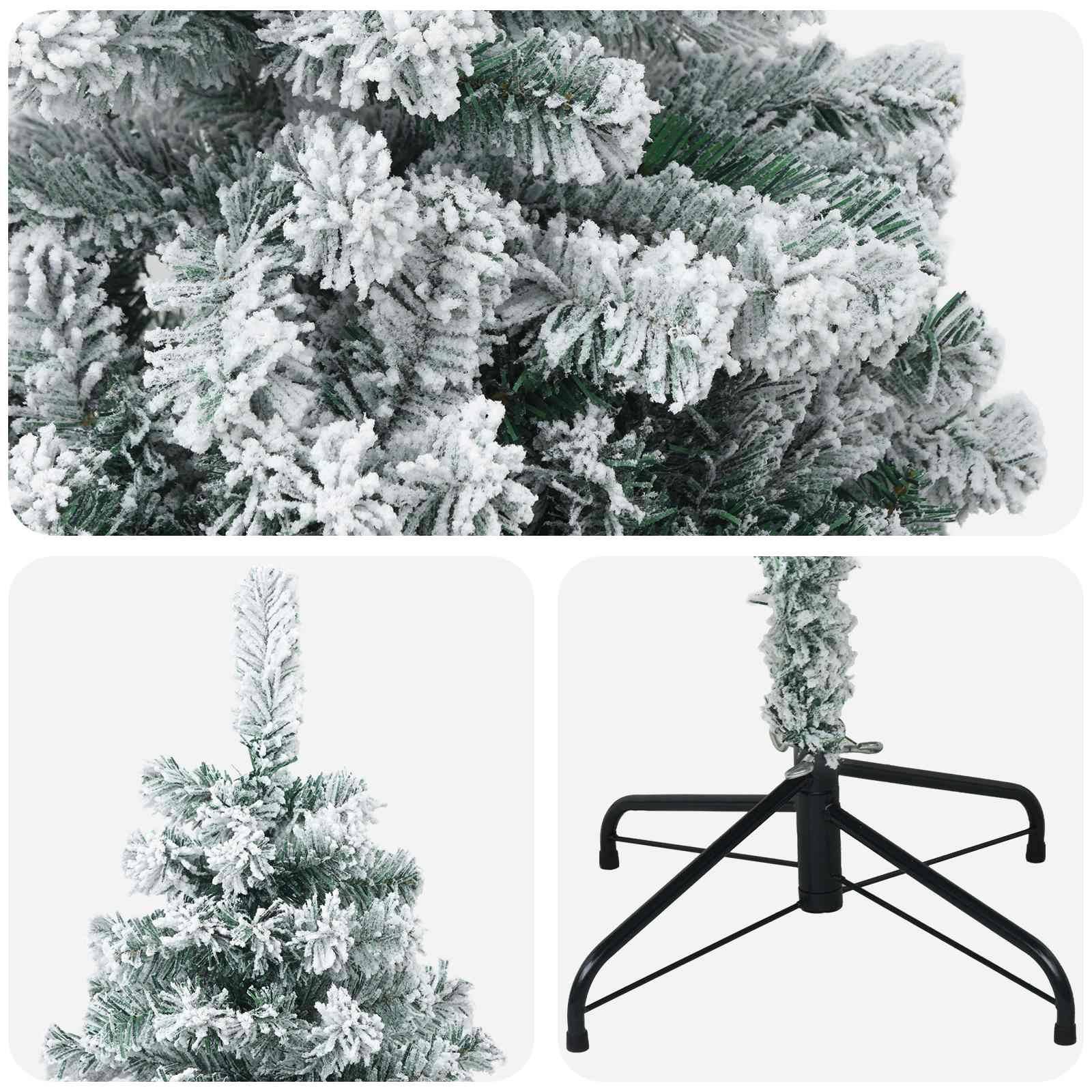 Künstlicher Weihnachtsbaum mit Raureifoptik und verschneiten Ästen mit schwarzem Metallständer, gezeigt in Nahaufnahmen, Gesamtbaum und Basisansichten.