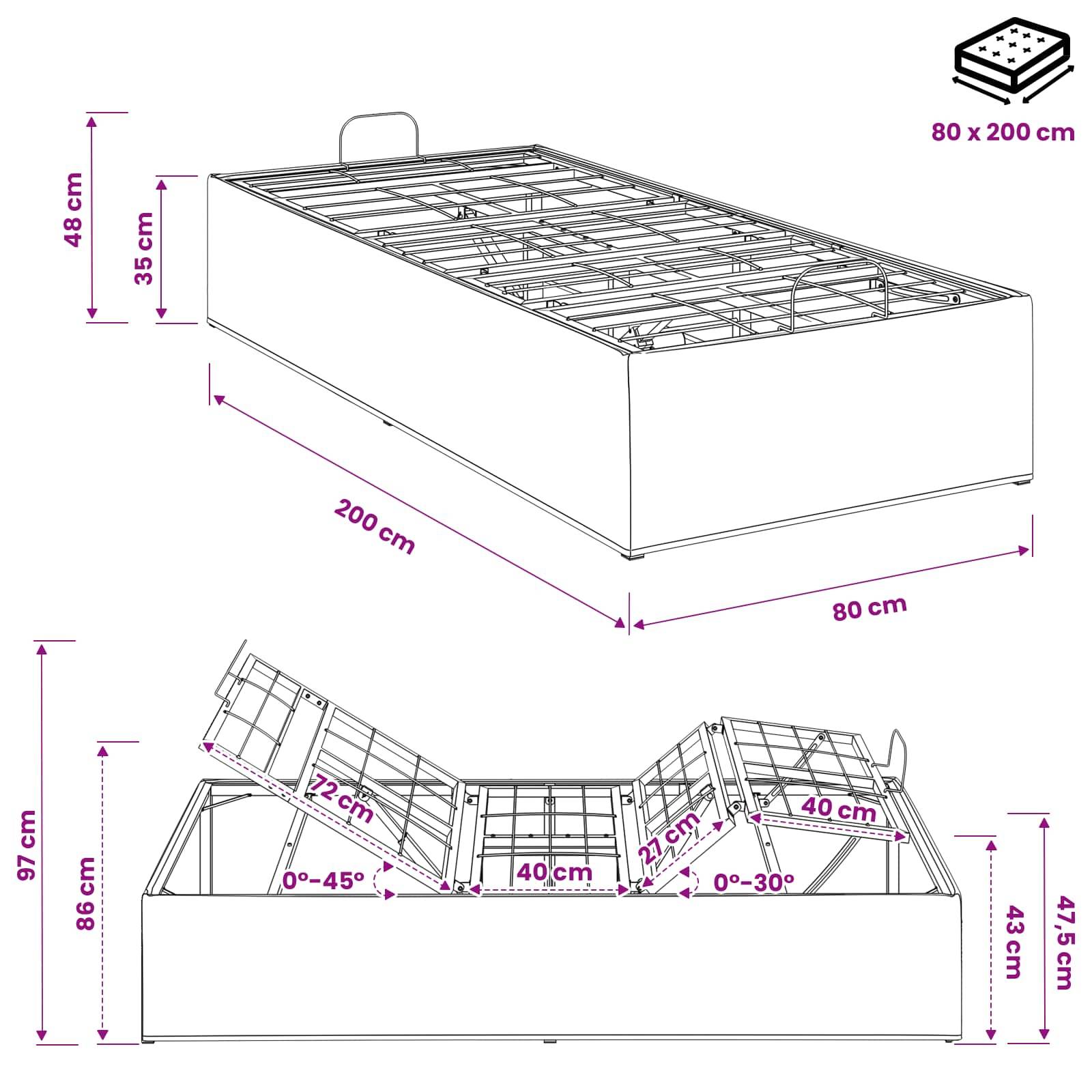 Diagramm eines 80 x 200 cm Speicherbetts mit Abmessungen und verstellbaren Hublattenneigungswinkeln sowie Höhenmessungen für geschlossene und offene Positionen.