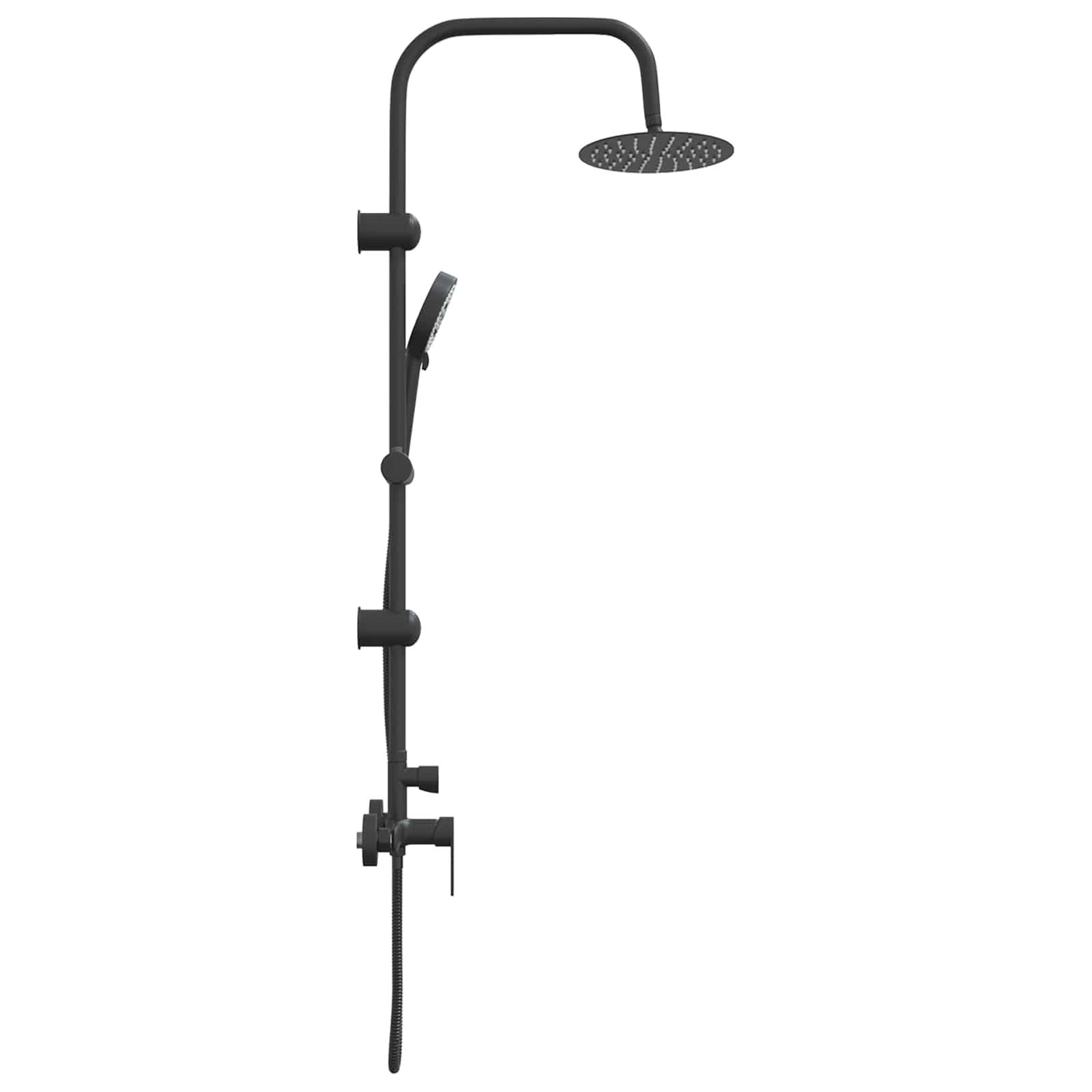 Schwarz montiertes Duschsystem an der Wand mit Regenduschkopf und tragbarem Sprühkopf.