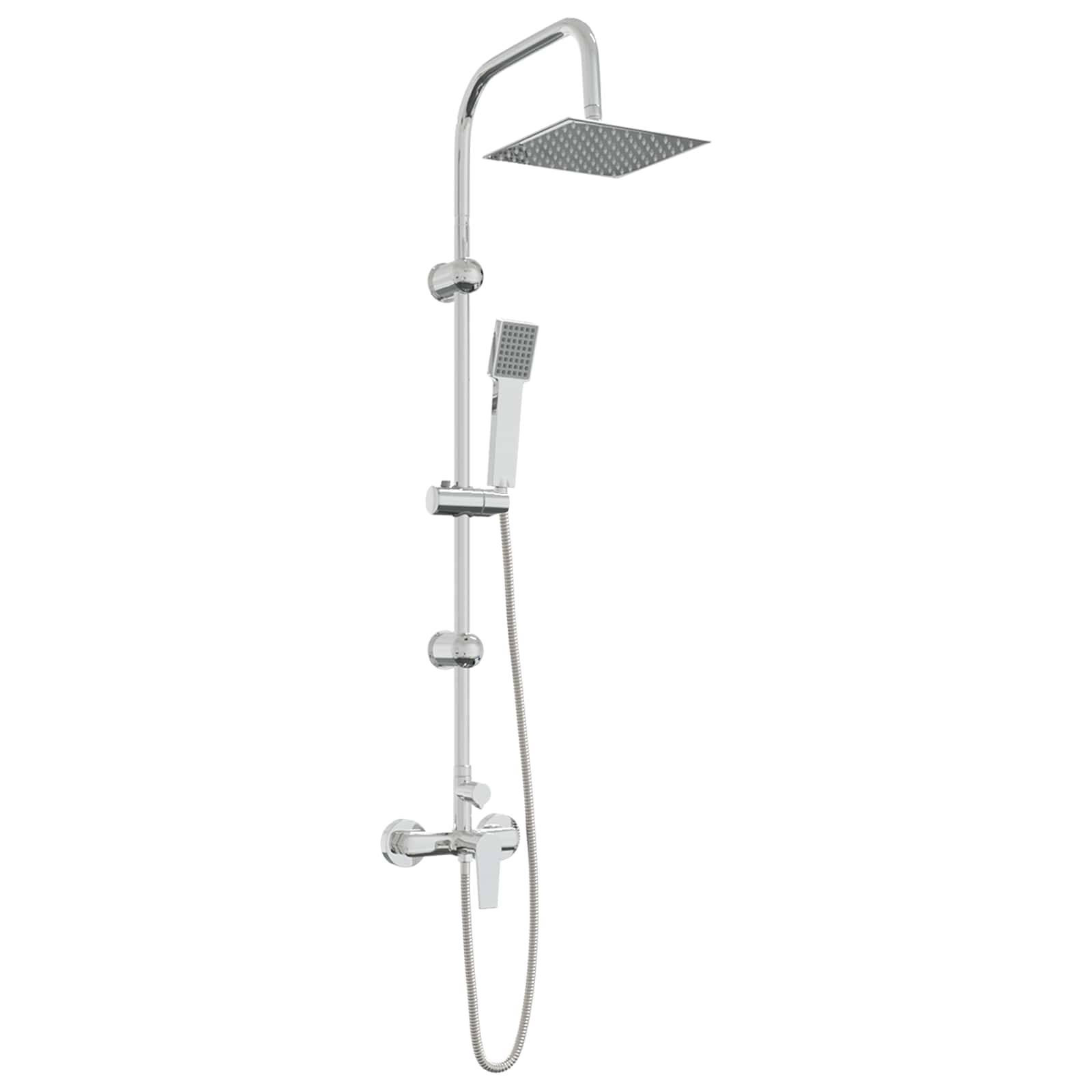 Chrom-Duschsäule mit Kopfbrause, Handbrause und Schlauch auf weißem Hintergrund.