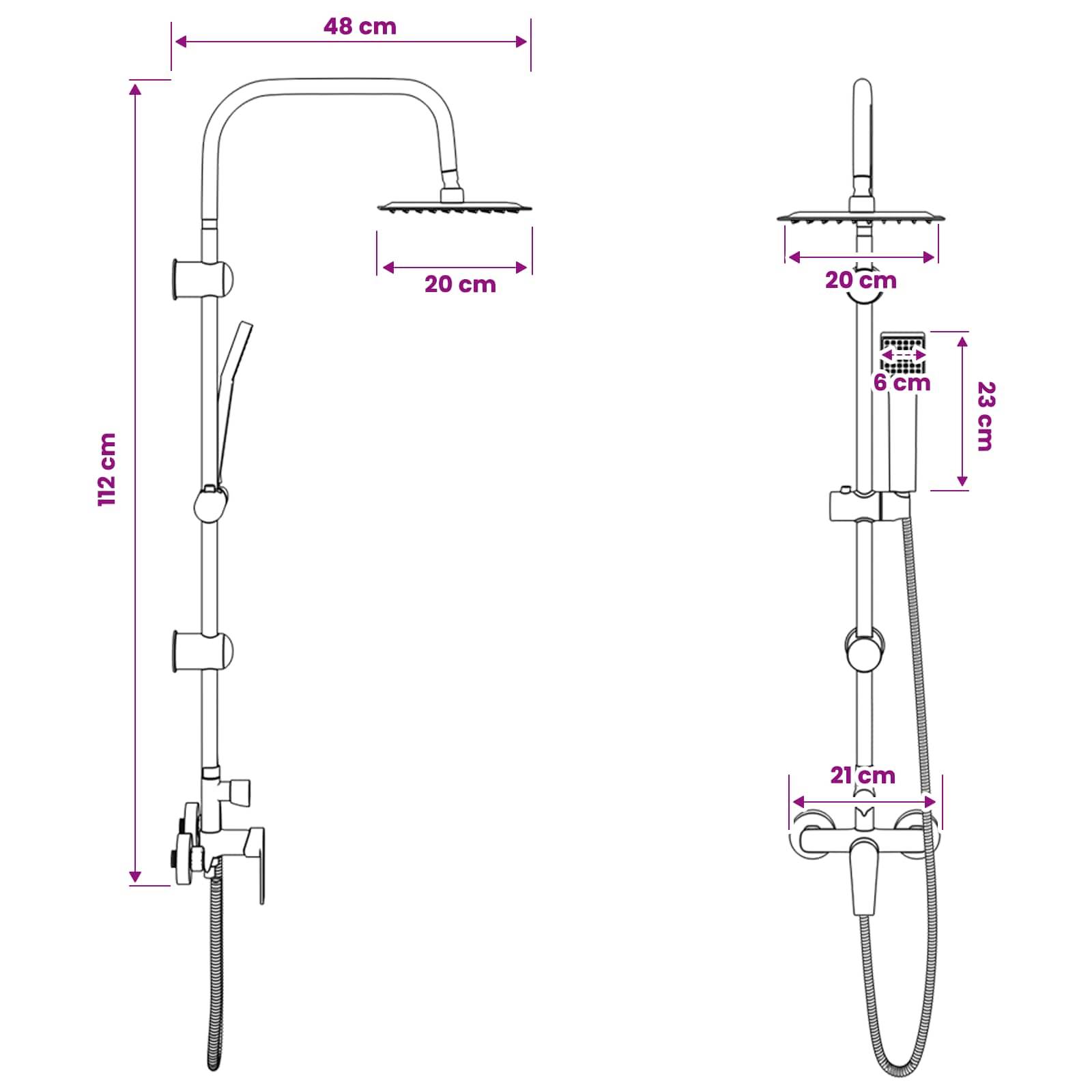 Technisches Diagramm eines Douchesystems mit Vorder- und Seitenansicht mit Abmessungen: 112 cm Höhe, 48 cm Armbreite, 20 cm Duschkopf, 23 cm Steigrohr, 21 cm Ventilbreite und 6 cm Tiefe.