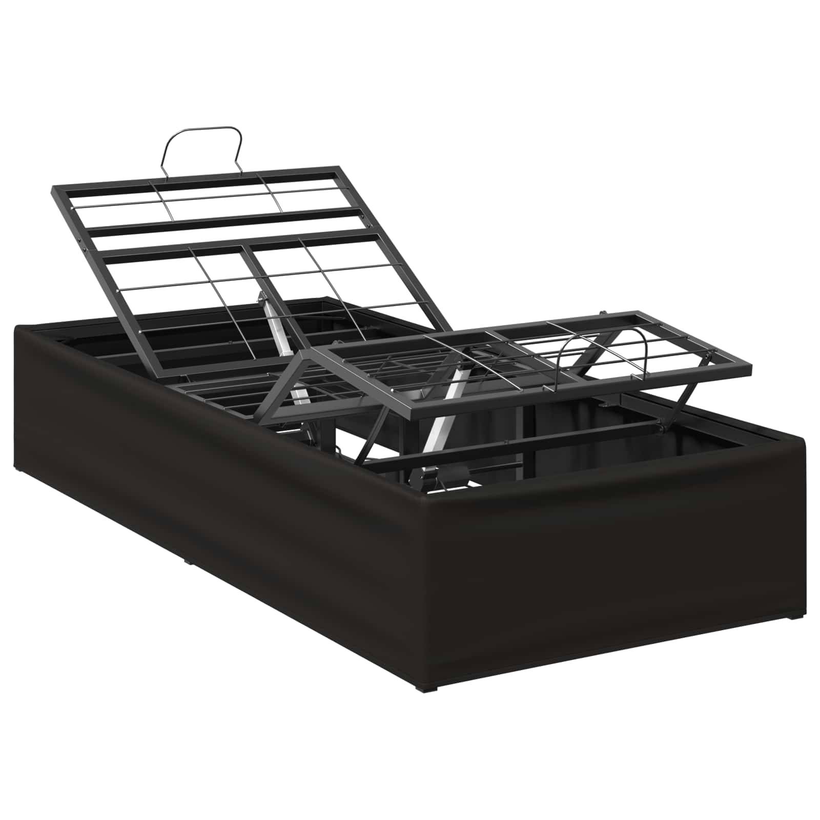 Verstellbare schwarze Metallbettgestell mit erhöhtem Lamellenbrett und Speicher-ähnliches Boxfundament, gezeigt auf weißem Hintergrund.