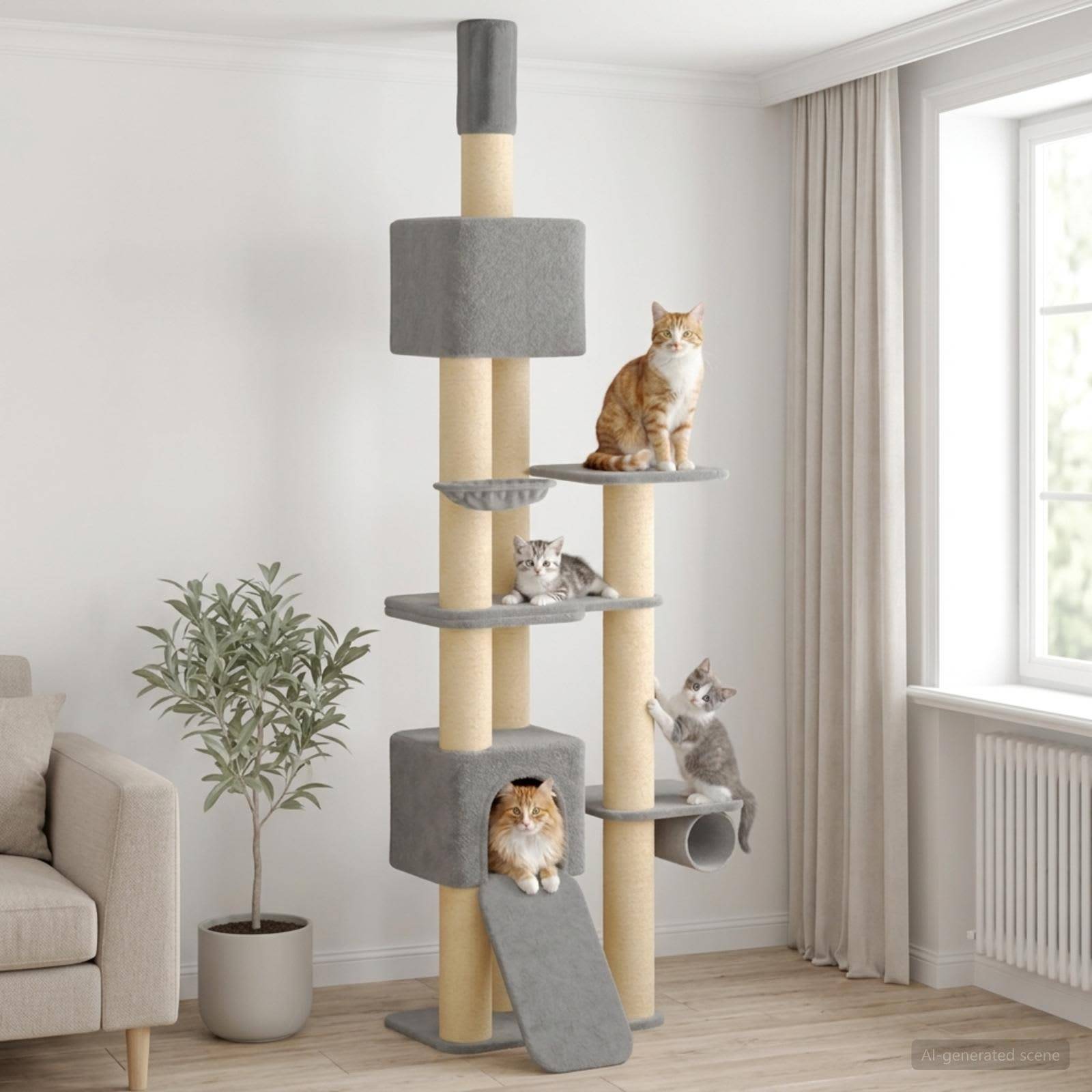 Katzenbaum mit vier Katzen auf Plattformen und in einem Kubus, gezeigt in einem hellen Wohnzimmer in der Nähe eines Fensters und eines Sofas.