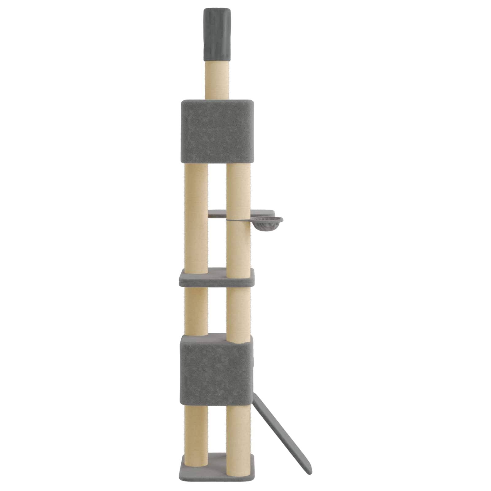 Ein Kratzbaumspielzeug für Katzen mit zwei beige sisal-umwickelten Pfosten, grauen Plattformen und einem seitlich hängenden Spielzeug auf weißem Hintergrund.