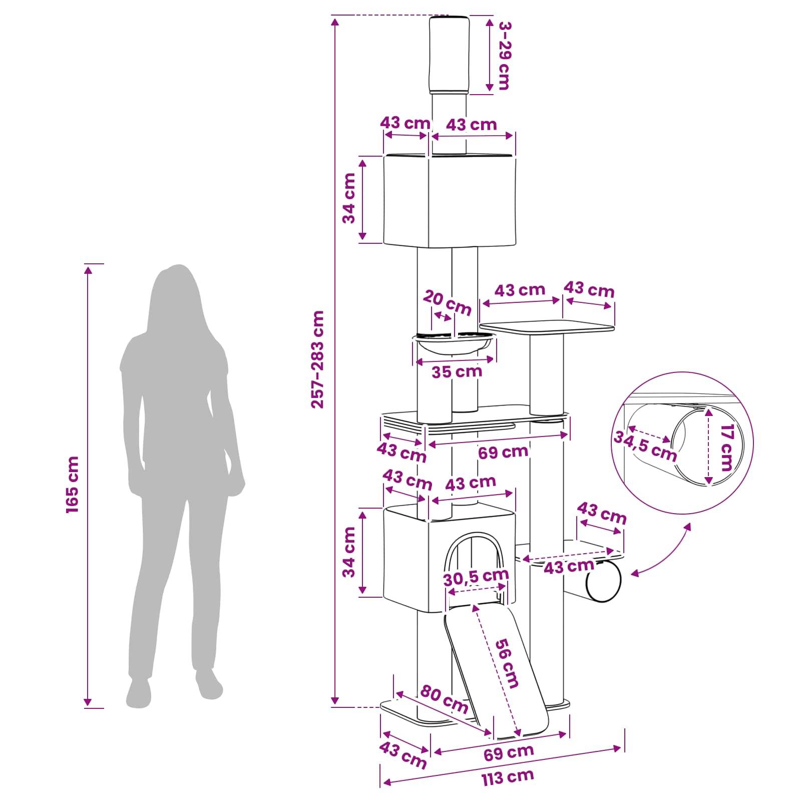 Maßstabzeichnung eines mehrstöckigen Kratzbaums mit Regalen, Kubus, Rampen und Kratzbäumen mit Abmessungen in Zentimetern neben einer menschlichen Silhouette zur Größenvergleichung.