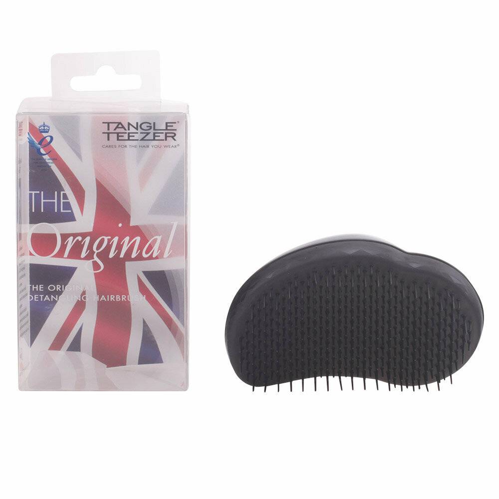 Tangle Teezer 'The Original' Haarbürste in Schwarz, gezeigt neben ihrer Union-Jack-Verpackung.