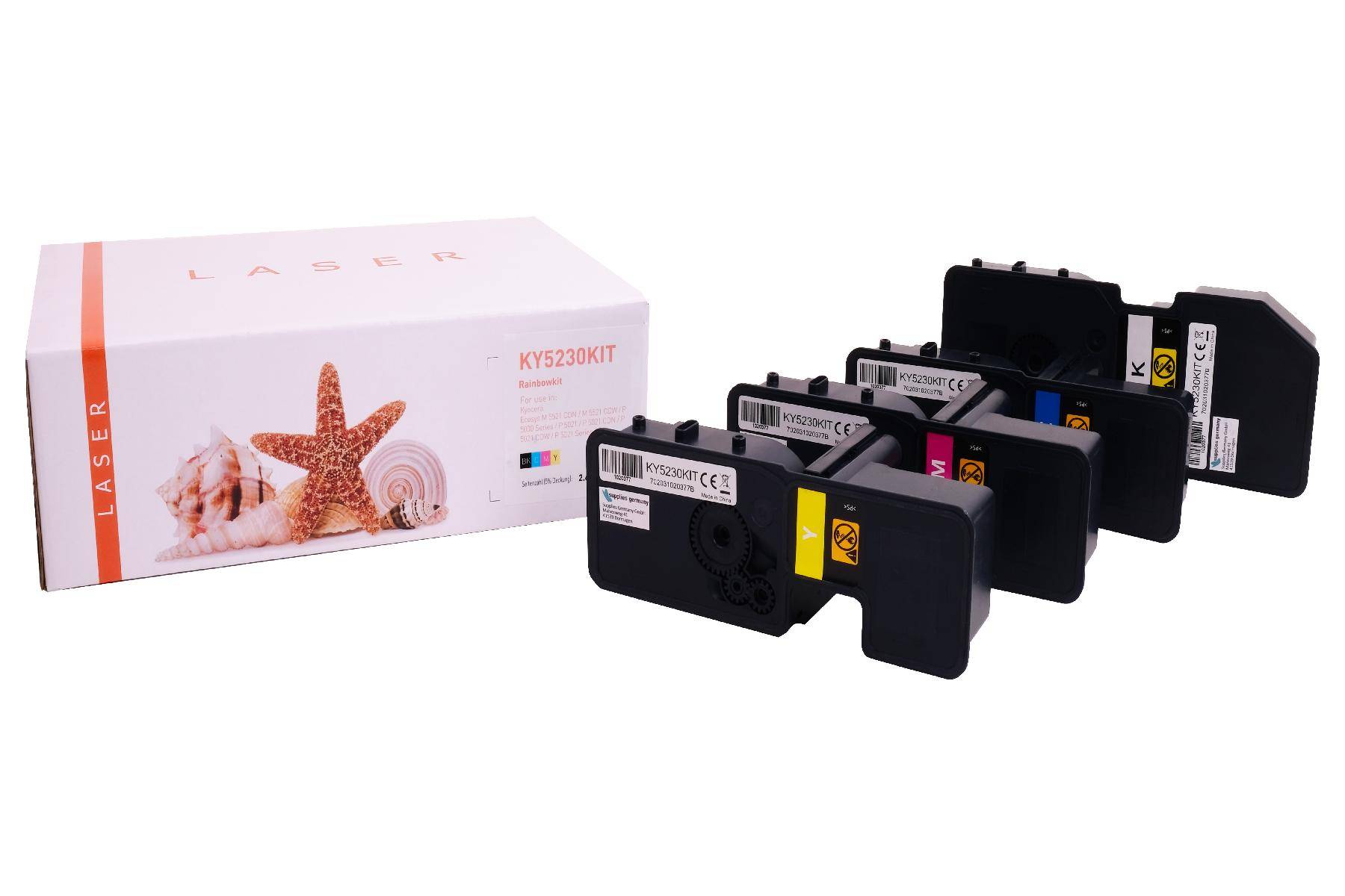 Laserdrucker-Tonerkartuschensatz mit fünf schwarzen Kartuschen neben einer weißen LASER-Produktbox mit Seesternbild und 