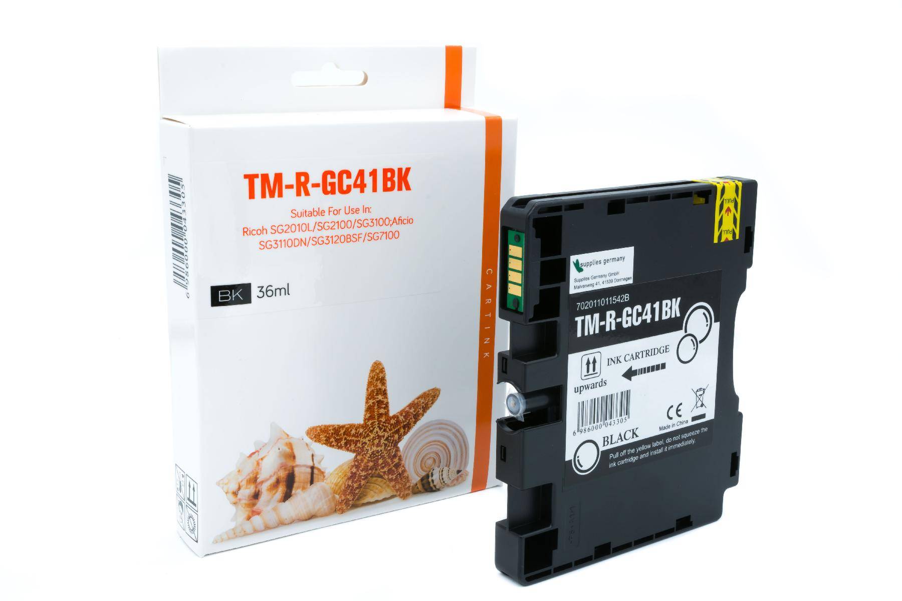 Tintenpatrone für Drucker Black TM-R-GC41BK neben ihrer Einzelhandelsverpackung auf weißem Hintergrund abgebildet.
