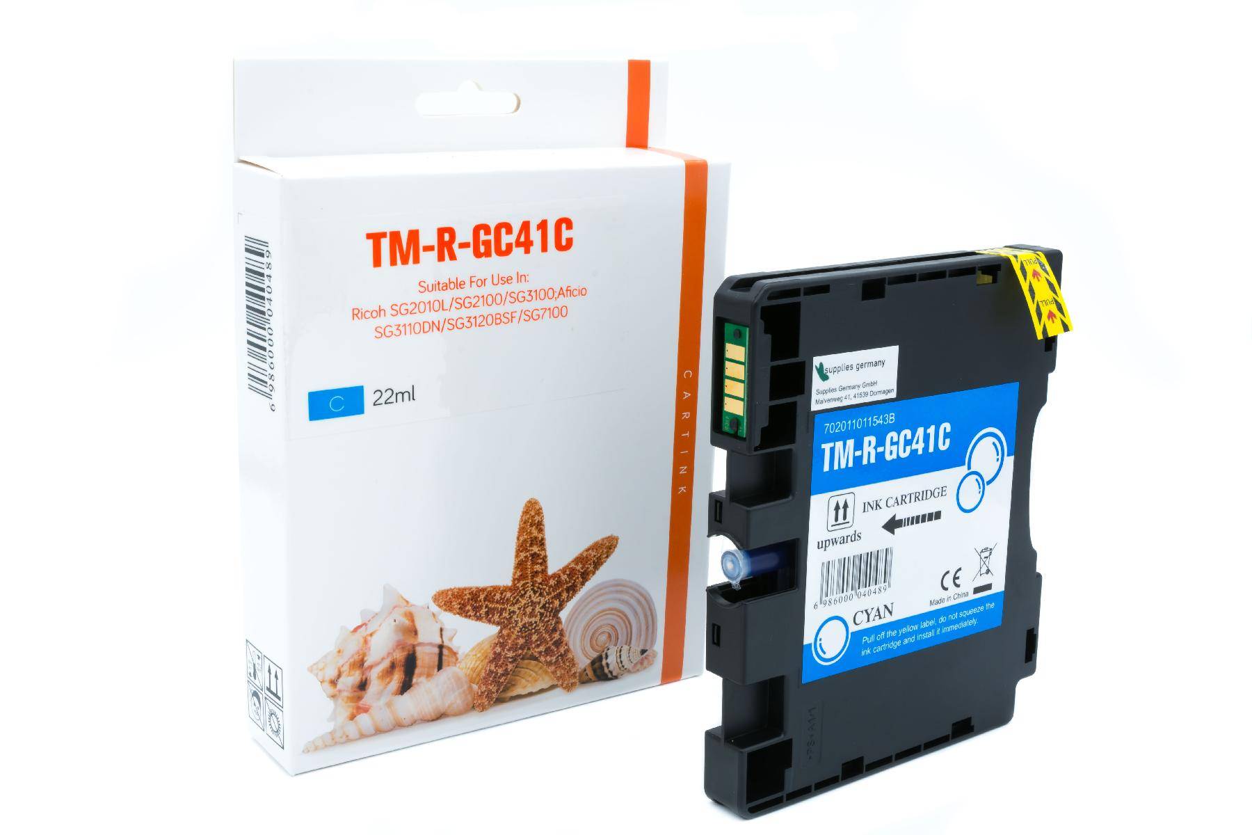Schachtel und cyan Druckerpatronen mit der Bezeichnung TM-R-GC41C, neben der Verpackung für die gleiche 22ml Patrone gezeigt.