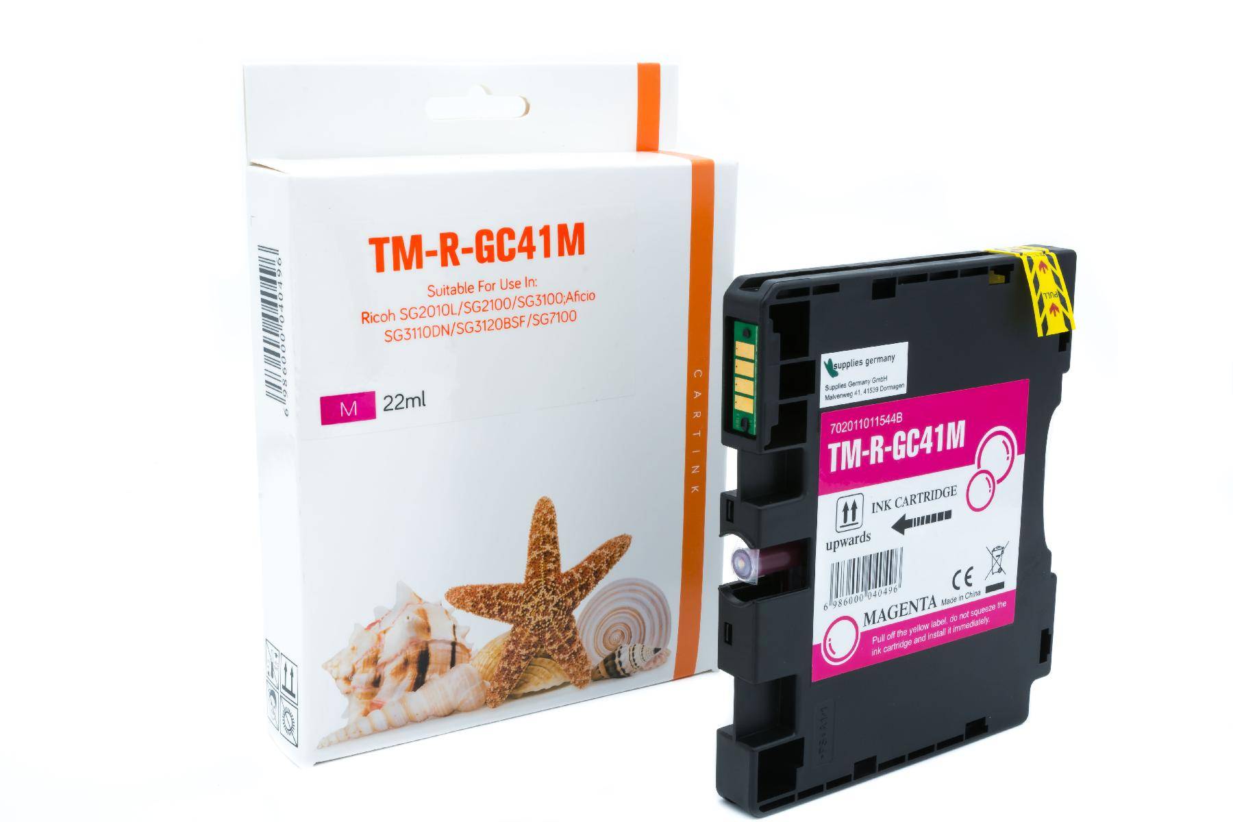 Magentafarbiger Druckerpatronen neben seiner weißen Einzelhandelschachtel mit der Bezeichnung TM-R-GC41M, 22ml.