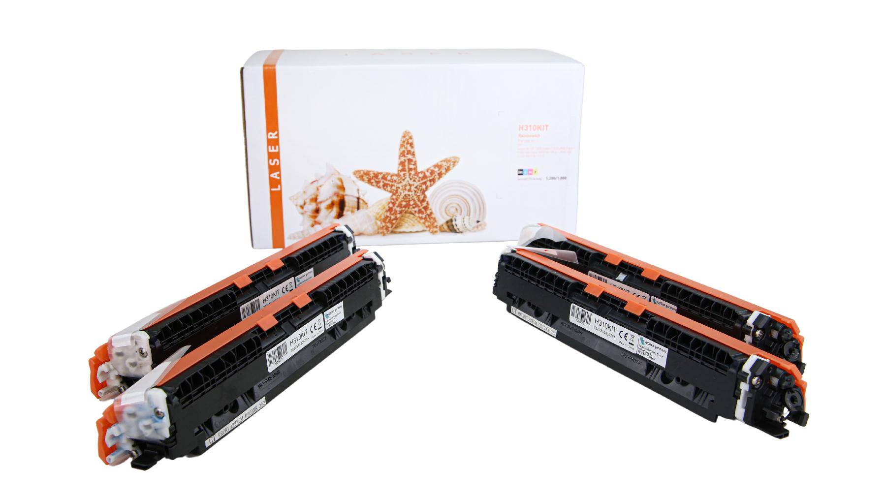 Drei schwarz-orange Laserdrucker-Tonerpatronen vor einer weißen Einzelhandelsbox mit einem Seestern-Bild.