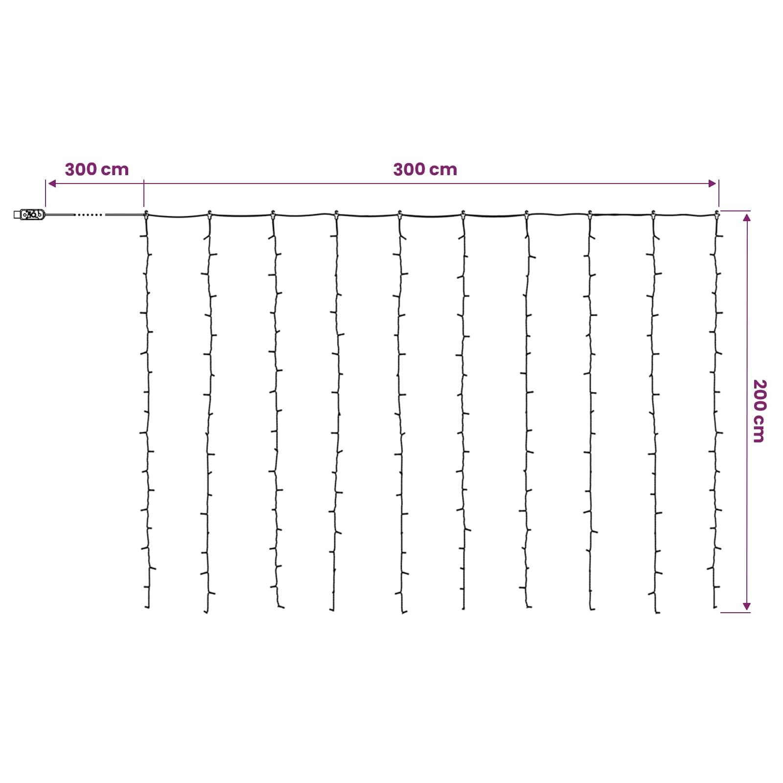 Lichterketten-Vorhang-Diagramm mit zwei 300 cm langen Abschnitten oben und 200 cm Absenkung auf der rechten Seite, mit mehreren hängenden Lichtsträngen