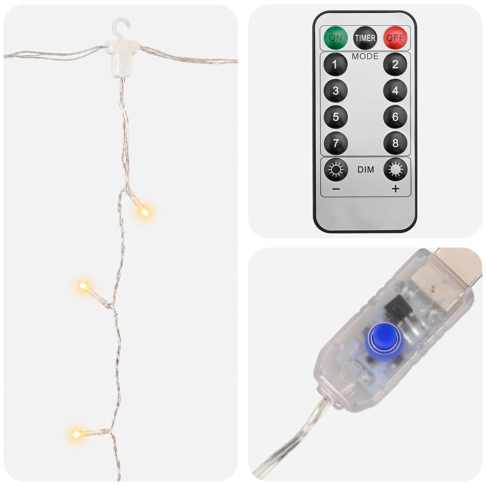 Lichterkette mit Batteriefach und Fernbedienung mit den Tasten Ein, Aus, Timer, Modus und Dimmen.