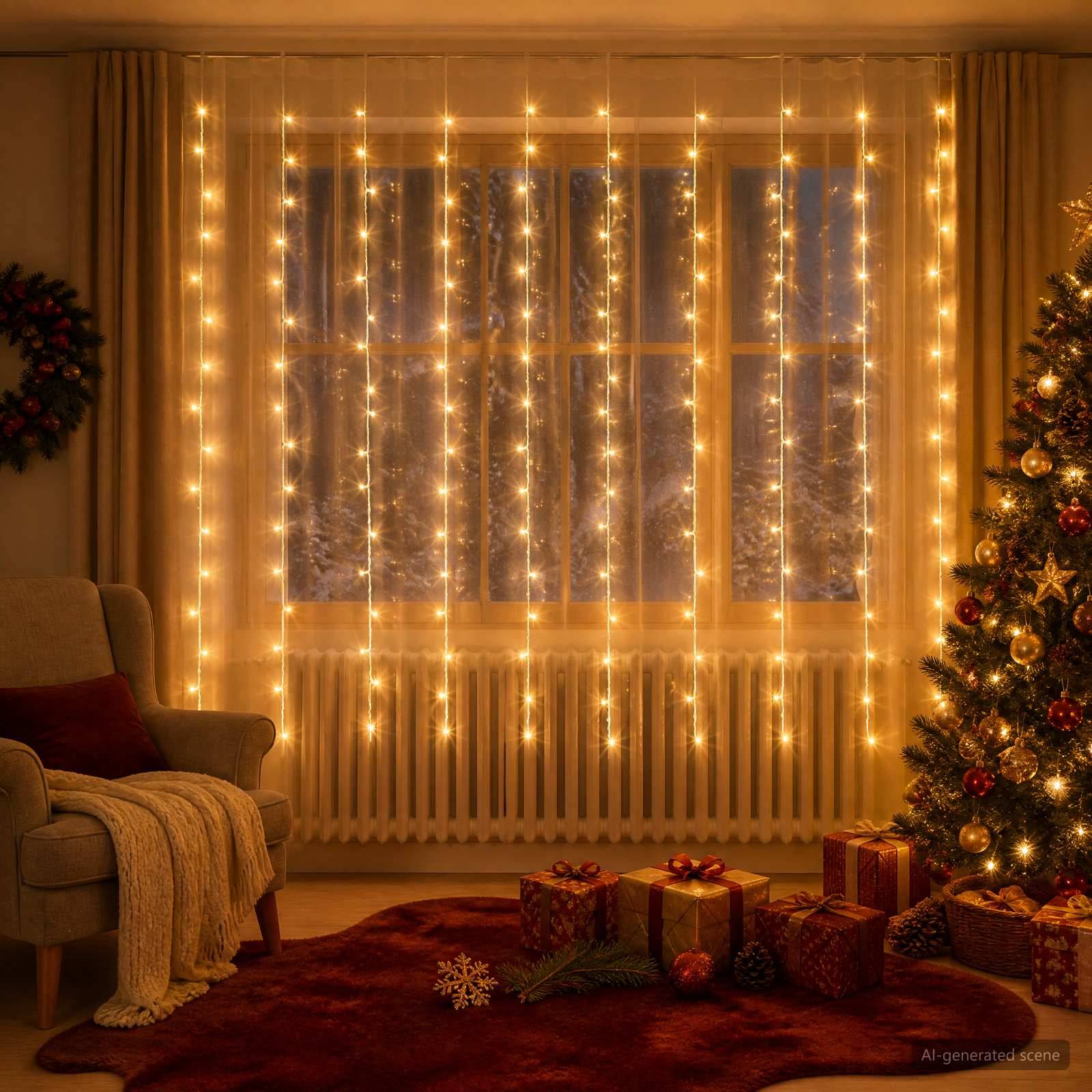 Ein gemütliches Wohnzimmer, das für Weihnachten dekoriert ist, mit Lichterketten am Fenster, einem beleuchteten Baum, eingepackten Geschenken und einem Stuhl mit einer Decke.