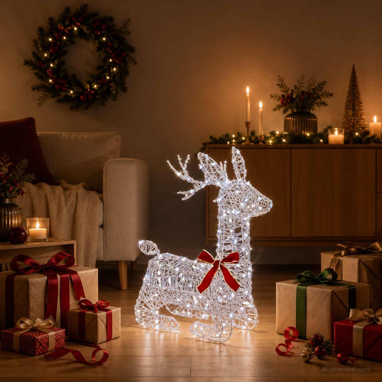 Leuchtende Draht-Rentier-Dekoration mit roter Schleife zwischen eingewickelten Geschenken in einem gemütlichen, kerzenleuchteten Zimmer, das für Weihnachten dekoriert ist.
