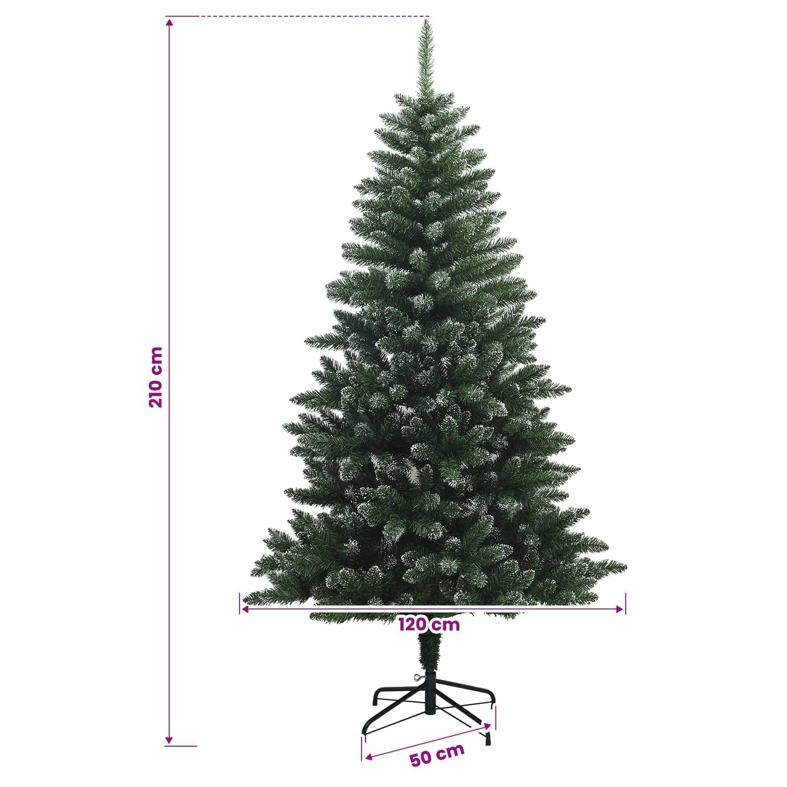 Großer künstlicher Weihnachtsbaum mit Größenmessungen: 210 cm hoch, 120 cm breit, 50 cm Basis
