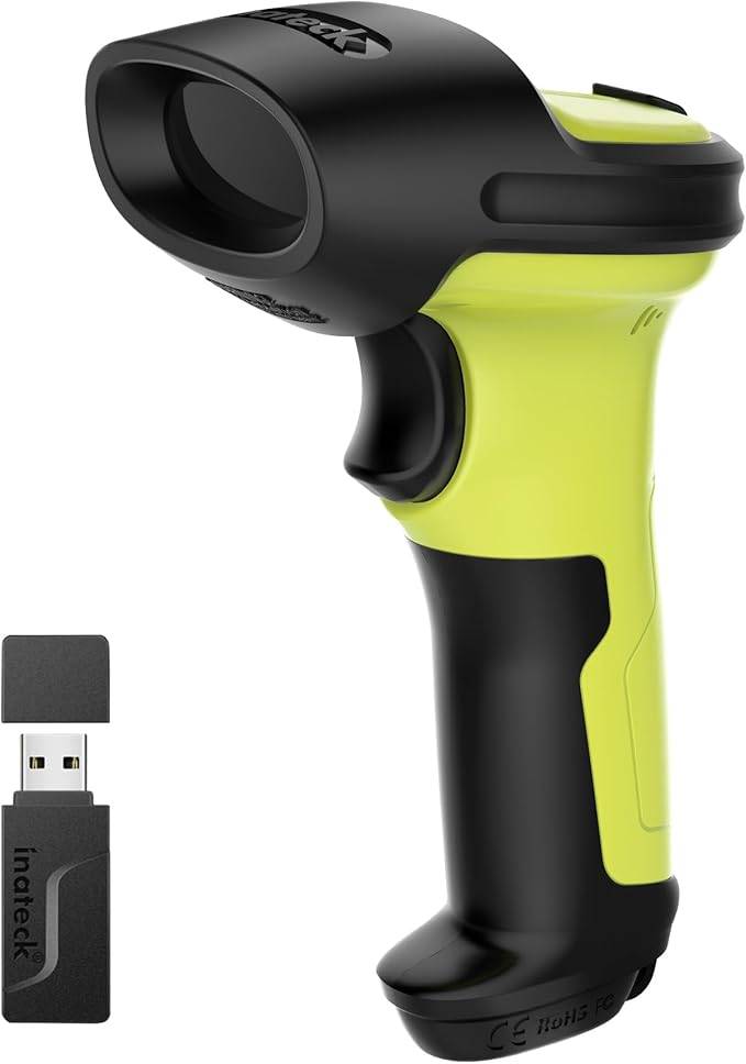 Tragbarer kabelloser Barcodescanner mit USB-Dongle-Adapter, der daneben auf weißem Hintergrund gezeigt wird.