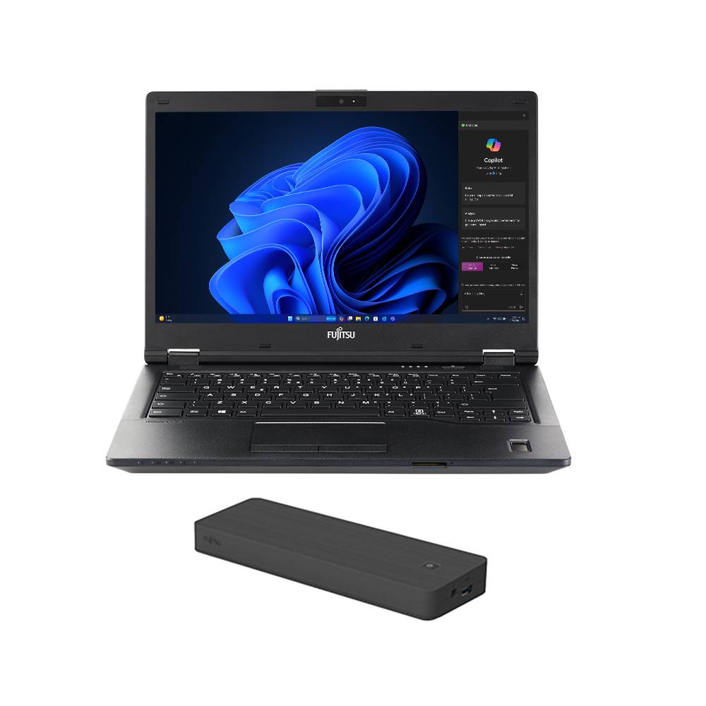 Fujitsu-Laptop mit Windows 11 und einer separaten schlanken schwarzen Dockingstation darunter.