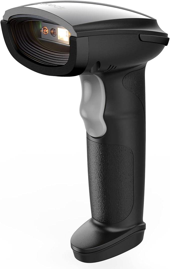 Tragbarer schwarzer Barcode-Scanner mit Grifftrigger und rotem Scanlicht, gezeigt auf weißem Hintergrund.