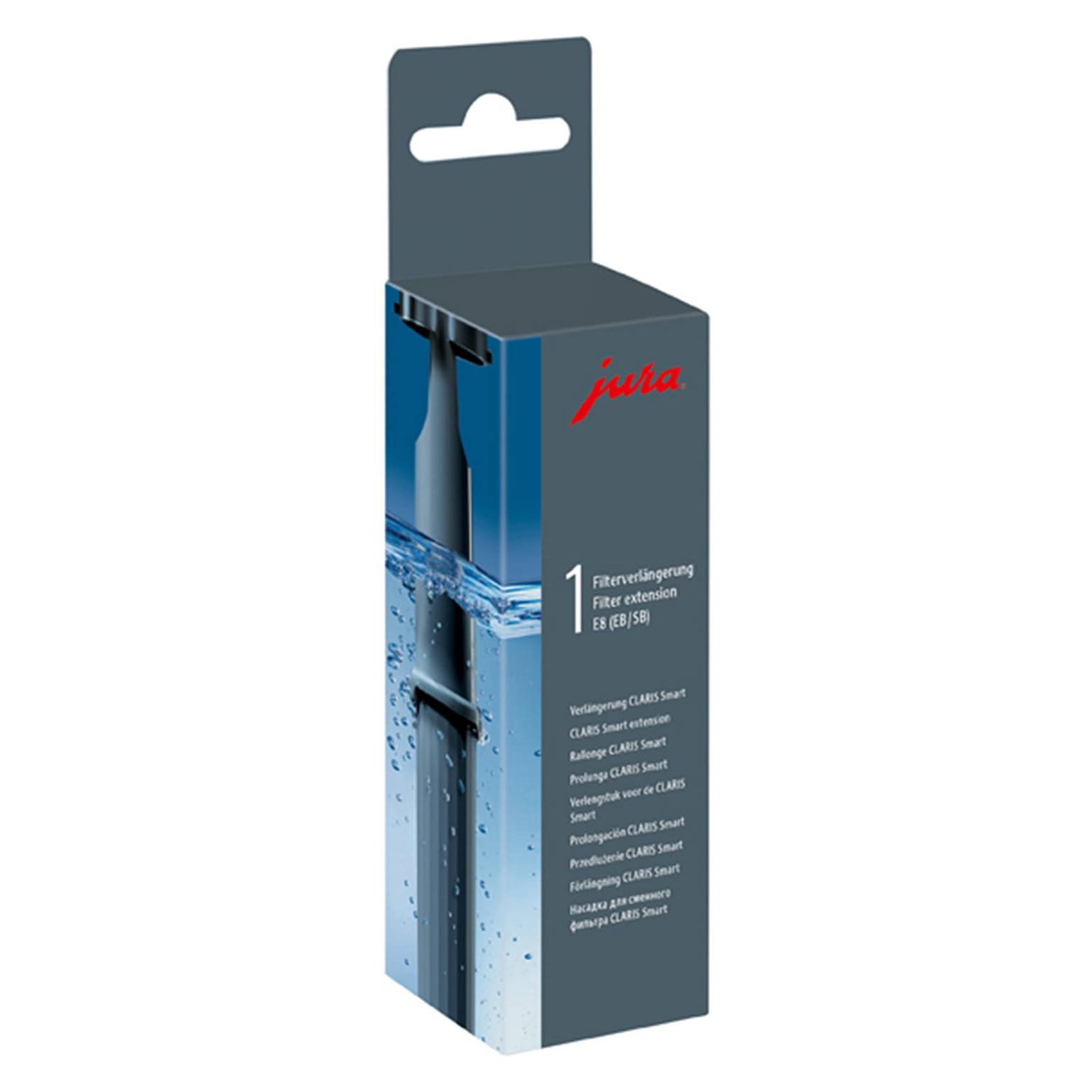 Verpackungsbox für eine Jura-Wasserfiltererweiterungspatrone, shown in blau und grau mit Produktname und Kompatibilitätstext.