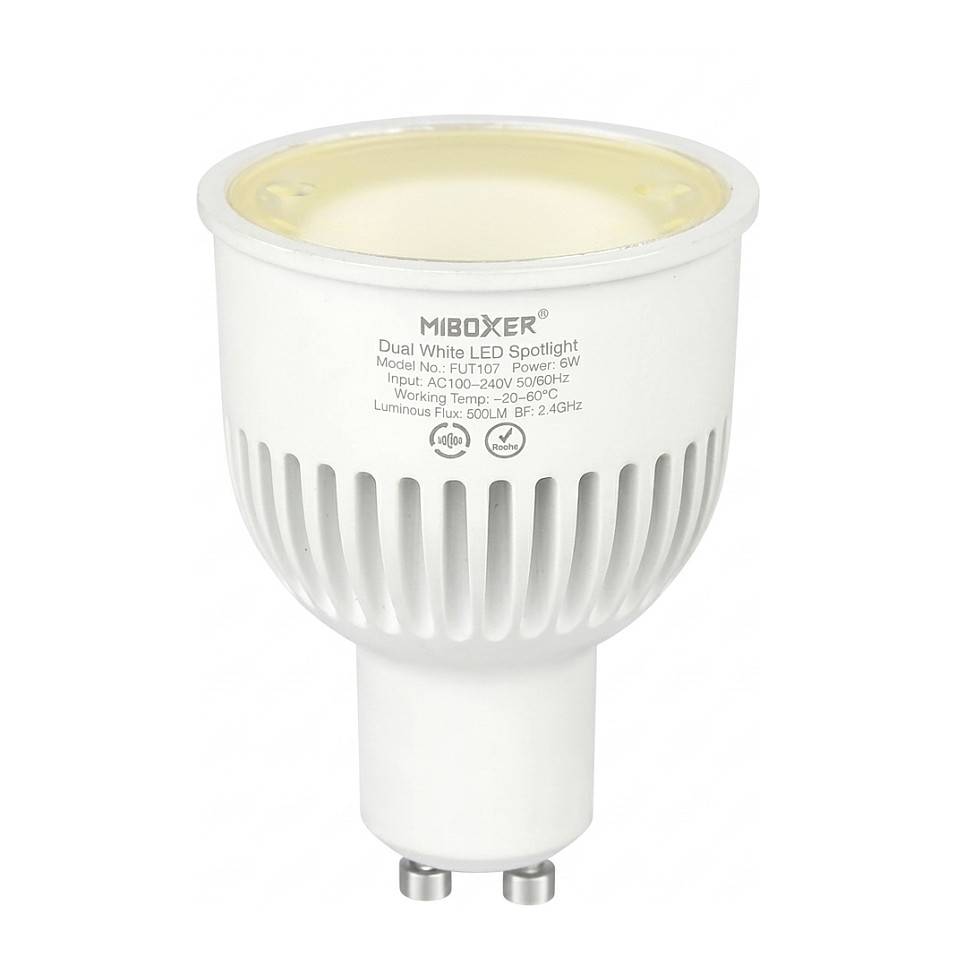 Weiße MIBOXER LED-Doppelweiß-Spotlightlampe mit Lamellen-Wärmerechen und zwei Stiften auf einem neutralen Hintergrund.