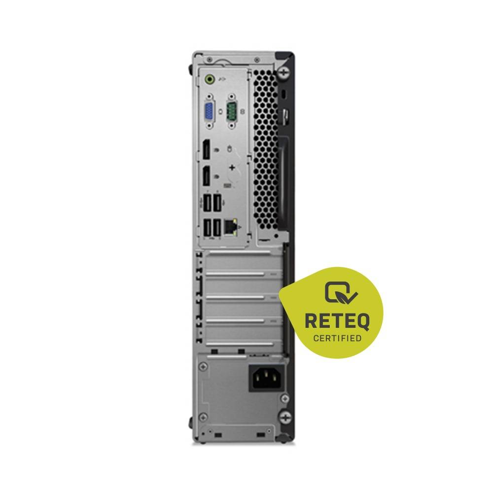 Rückansicht eines kleinen Desktop-Computers mit Anschlüssen, Erweiterungssteckplätzen, Lüftungsgitter und Stromeingang mit einem „RETEQ CERTIFIED