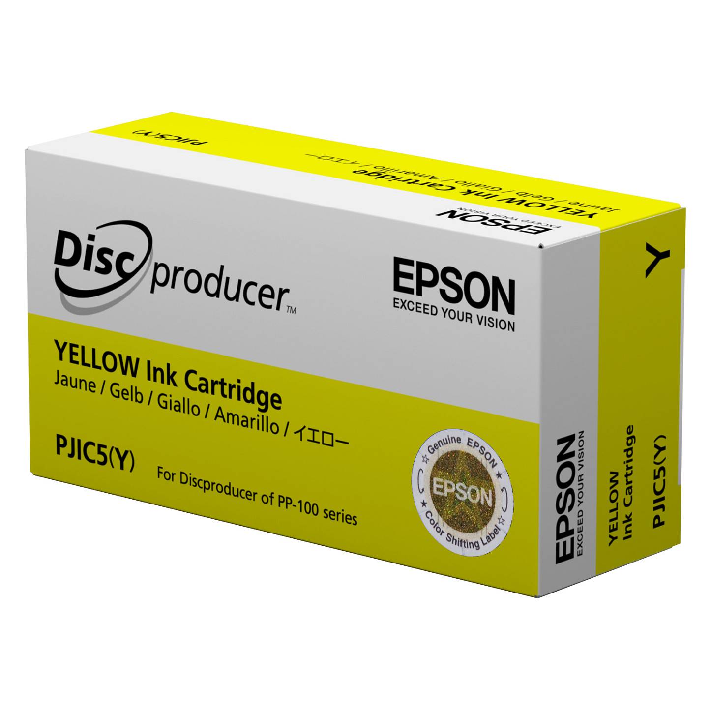 Schachtel mit gelbem Tintenpatrone für Epson Discproducer, gekennzeichnet mit „PJIC5(Y)