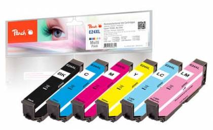 Satz von sechs Peach-Tintenpatronen in Schwarz, Cyan, Magenta, Gelb, Hellcyan und Hellmagenta, dargestellt mit Produktverpackung für Epson E24XL-Drucker.