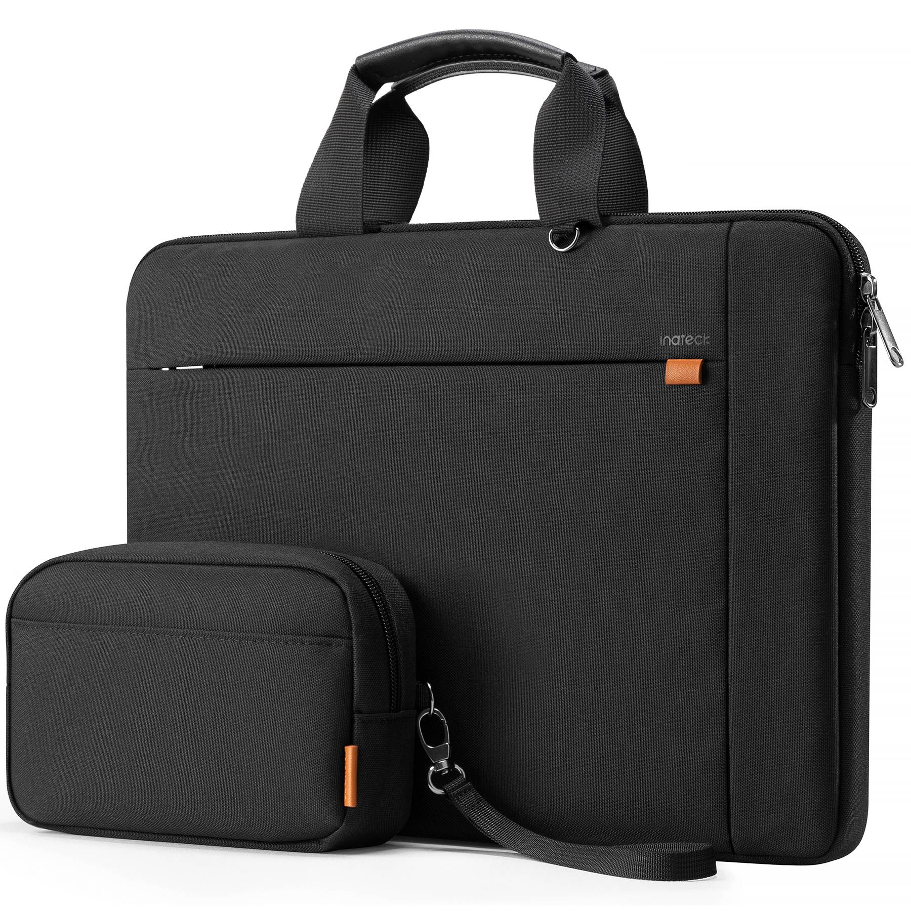 Schwarze Laptop-Aktentasche mit Griffen an der Oberseite und Schultergurt, gezeigt mit einem passenden kleinen Reißverschlussbeutel vorne.