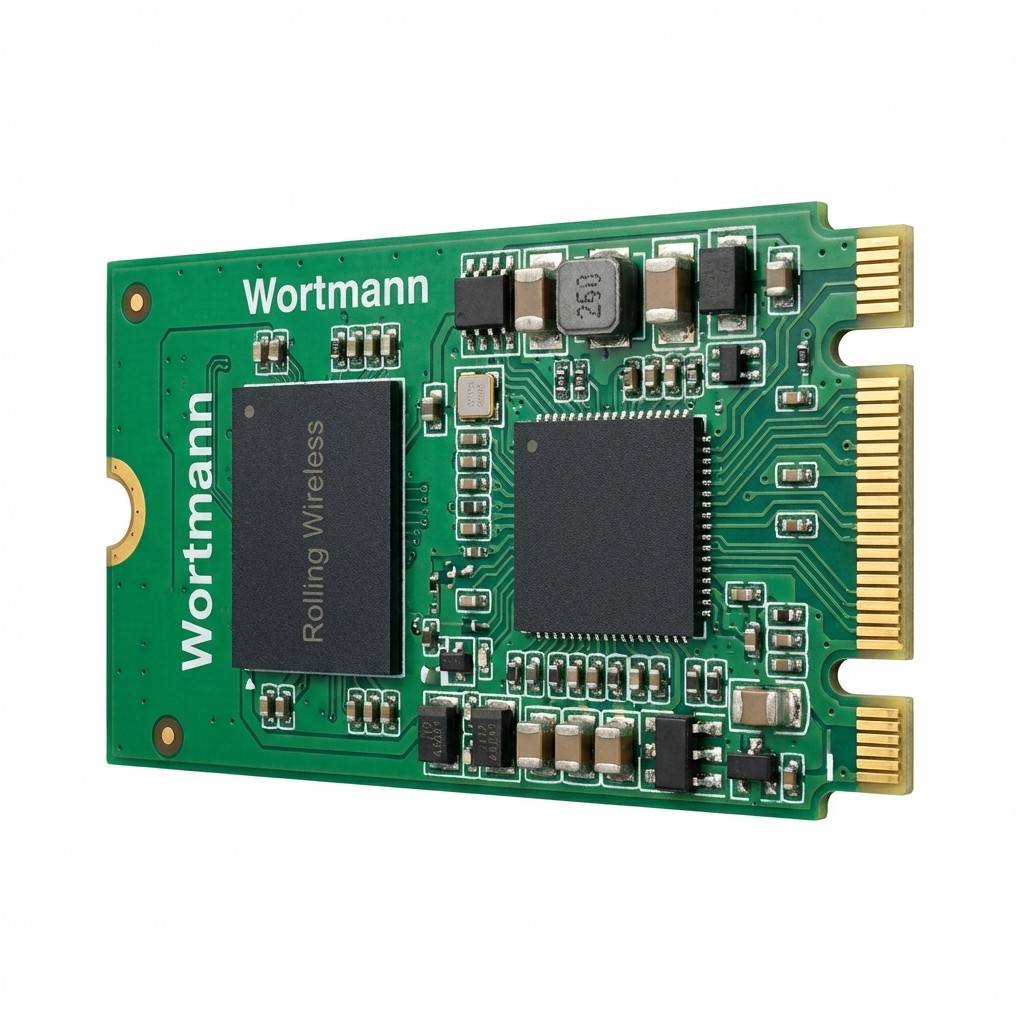 Wortmann Rolling Wireless-Leiterplatte mit Chips und vergoldeter Steckerleiste auf weißem Hintergrund.