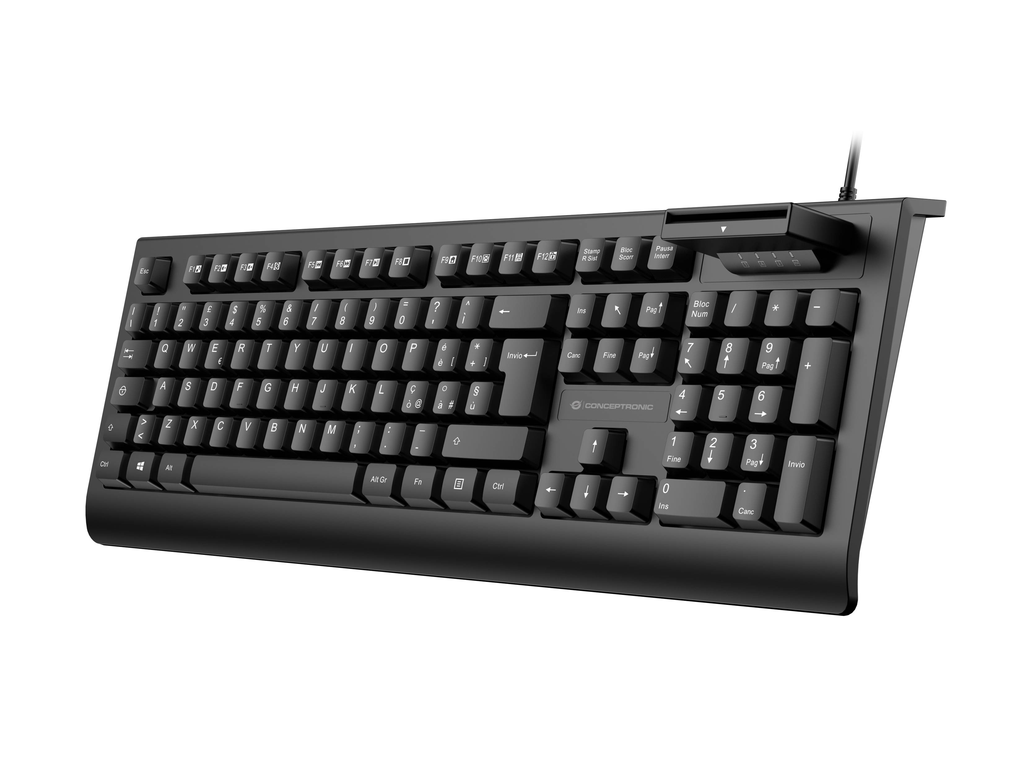 Schwarze kabelgebundene Computertastatur mit Vollformat-Layout und Medien-Schnellzugriffstasten, auf weißem Hintergrund dargestellt.