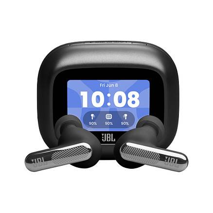 JBL kabellose Ohrhörer in einem Ladeetui mit integriertem Display, das Freitag, 8. Juni und 10:08 Uhr anzeigt, sowie Akkustände von 90% für beide Ohrhörer und das Etui.