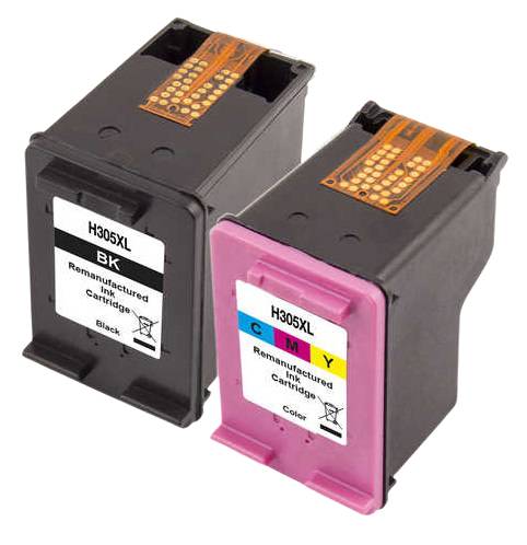 Zwei überarbeitete H305XL-Tintenpatronen, eine schwarze und eine farbige, nebeneinander für einen Drucker dargestellt.