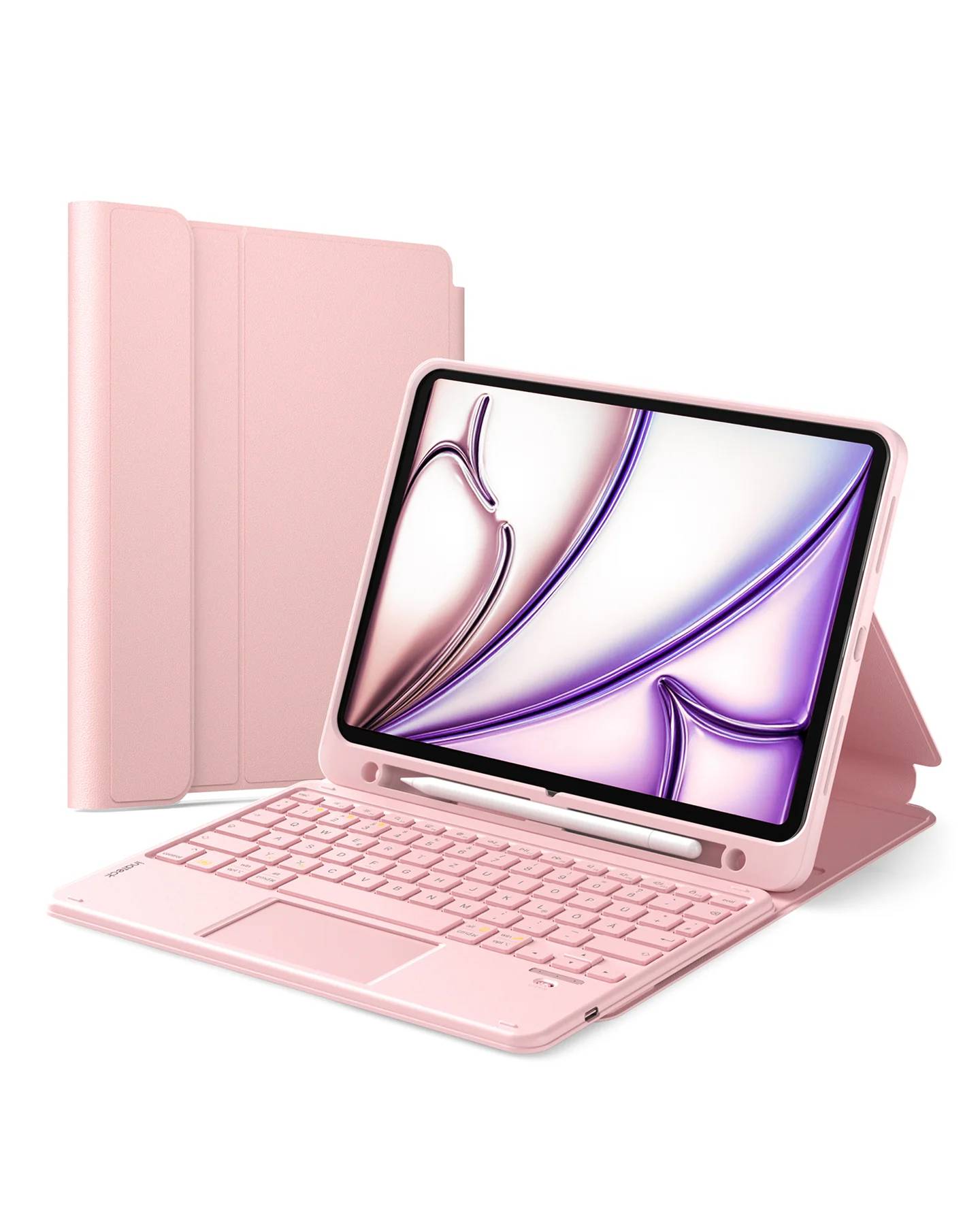 Rosa Tablet mit abnehmbarer Tastatur und Schutztasche, aufgeklappt wie ein Laptop auf weißem Hintergrund dargestellt.