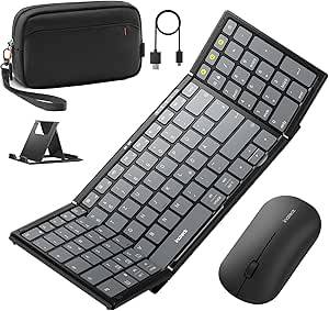 Tragbares Bluetooth-Tastaturset mit Maus, Tragetasche, USB-Kabel und Telefonhalter auf weißem Hintergrund.