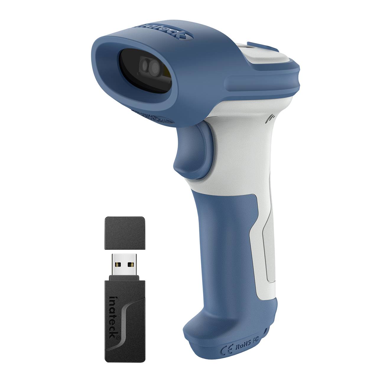Tragbarer Barcode-Scanner mit USB-Funkempfänger daneben auf weißem Hintergrund dargestellt.
