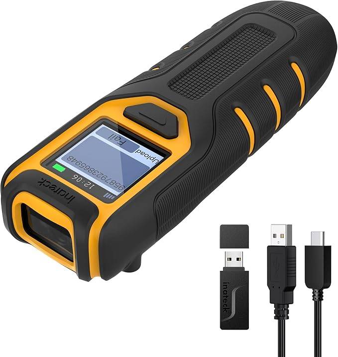 Tragbares tragbares digitales Entfernungsmessgerät mit Bildschirm, plus USB-Adapter und Ladekabel auf weißem Hintergrund gezeigt.