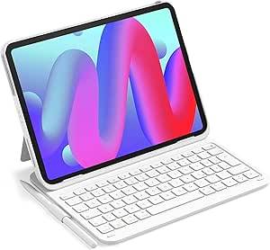 Ein Tablet in einem weißen Tastaturgehäuse mit einem Stylus, dargestellt wie ein Laptop.
