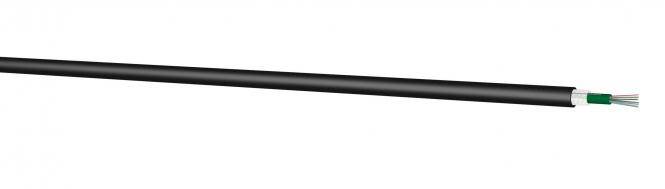 Schwarzes Glasfaserkabel mit einem grünen Stecker und freigelegten weißen Fasern am rechten Ende.