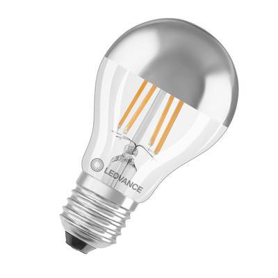 Transparente LED-Glühbirne mit sichtbaren filamentartigen Streifen und Metallschraubsockel auf weißem Hintergrund.