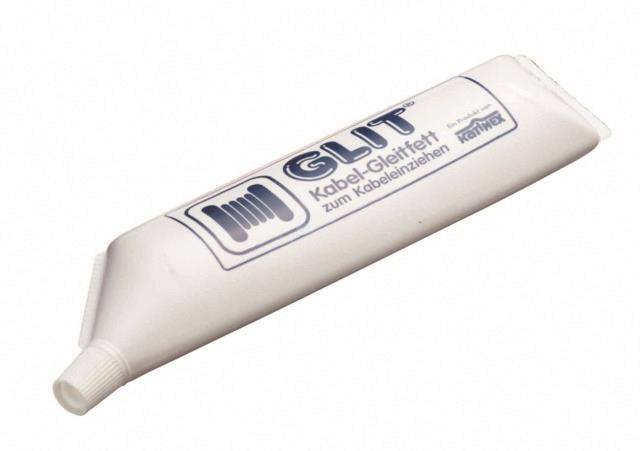 Weiße Tube mit Kabelgleitfett mit der Aufschrift „GLIT Kabel-Gleitfett zum Kabelziehen