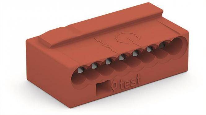 Roter Kunststoff-Kabelstecker oder Schraubklemmenblock mit acht runden Öffnungen und geprägtem 