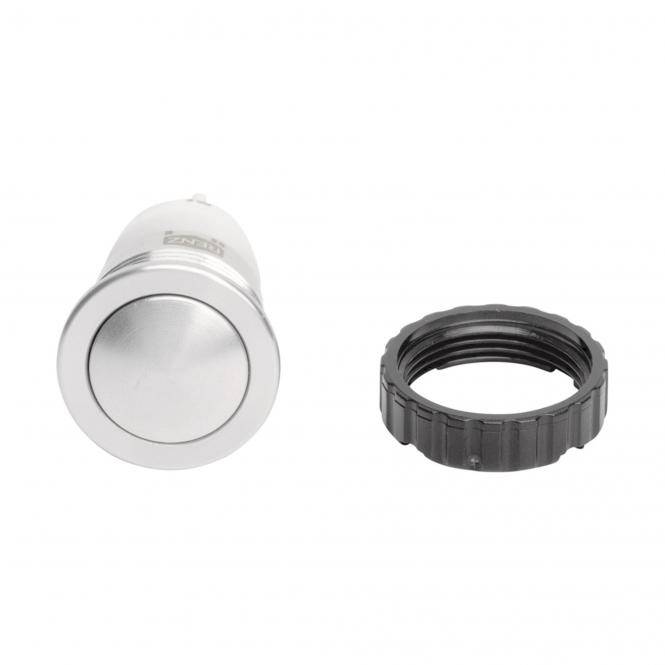 Silberner zylindrischer Druckknopf und separater schwarzer Gewinde-Befestigungsring auf weißem Hintergrund.