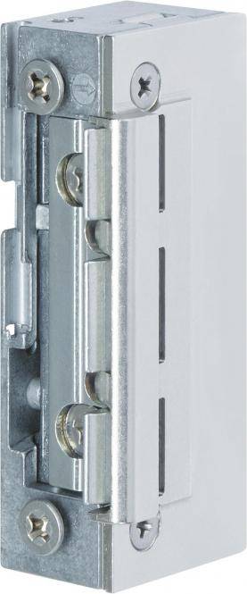 Elektromagnetisches Türöffnerschloss aus Metall, das in einen Türrahmen eingebaut ist und den Rigegelempfängermechanismus und die Befestigungsschrauben zeigt.