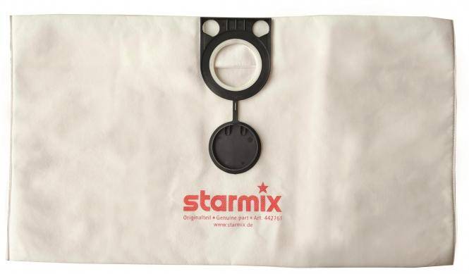 Weißer Starmix Staubsaugerbeutel mit schwarzem Kunststoff-Befestigungsring und rotem aufgedrucktem 