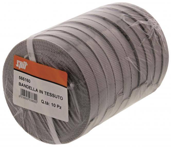 Eine Rolle aus grauem gewebtem Stoffband, in Kunststoff verpackt, mit einem Etikett, auf dem 
