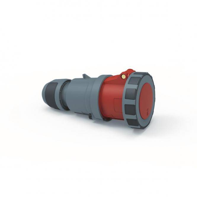Roter industrieller Stromstecker mit grauem und schwarzem Gehäuse und roter Verriegelungskappe auf weißem Hintergrund.